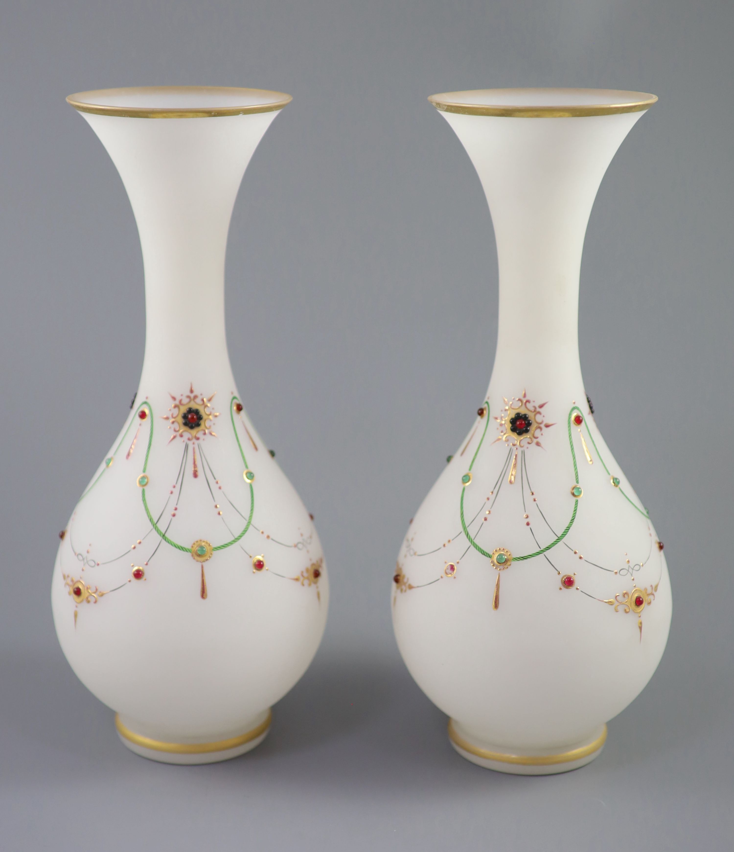 A pair of French or Bohemian frosted opaline jewelled glass vases, height 34cm